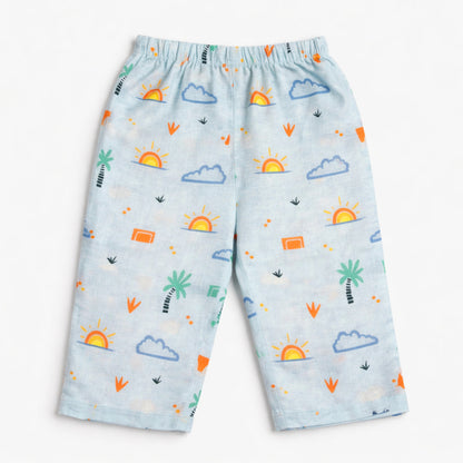 The Magic Wand Cotton Woven Half Sleeves Tropical Theme Shirt And Pyjama Nightsuit Set - Blue