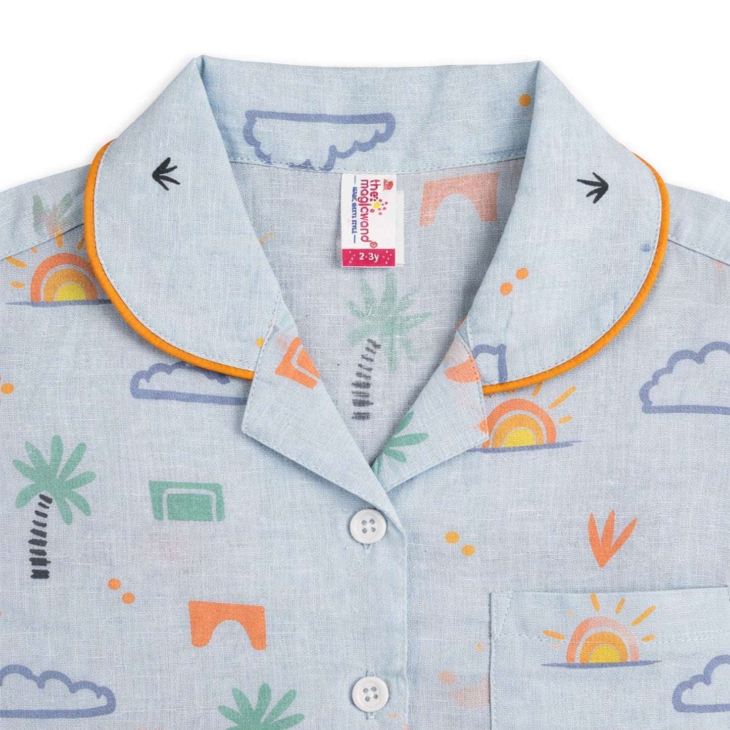 The Magic Wand Cotton Woven Half Sleeves Tropical Theme Shirt And Pyjama Nightsuit Set - Blue