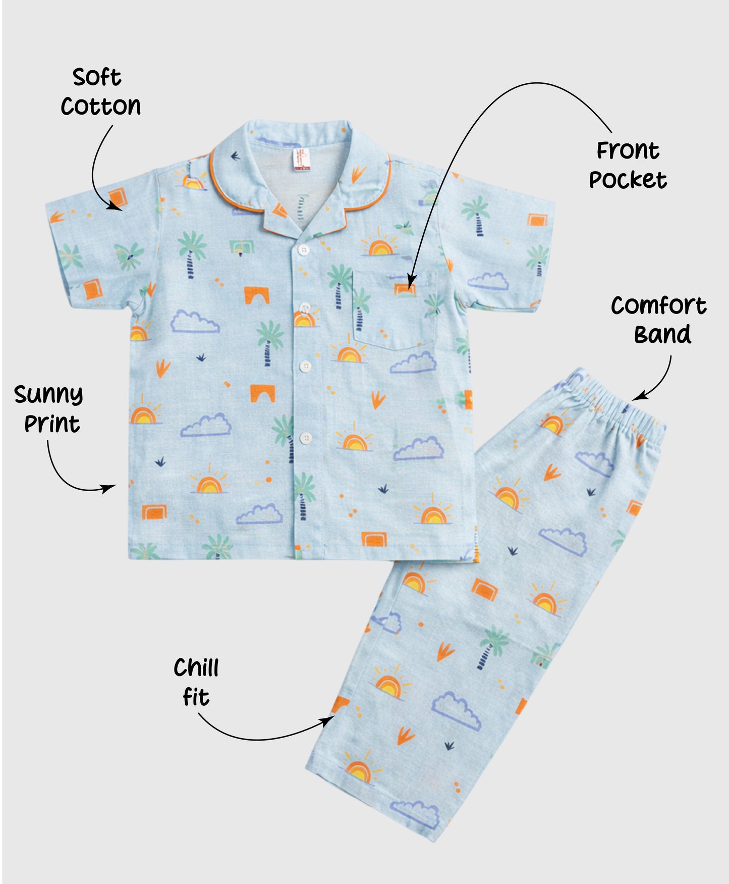 The Magic Wand Cotton Woven Half Sleeves Tropical Theme Shirt And Pyjama Nightsuit Set - Blue