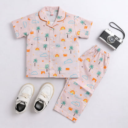 The Magic Wand Cotton Woven Half Sleeves Tropical Theme Shirt And Pyjama Nightsuit Set - Pink