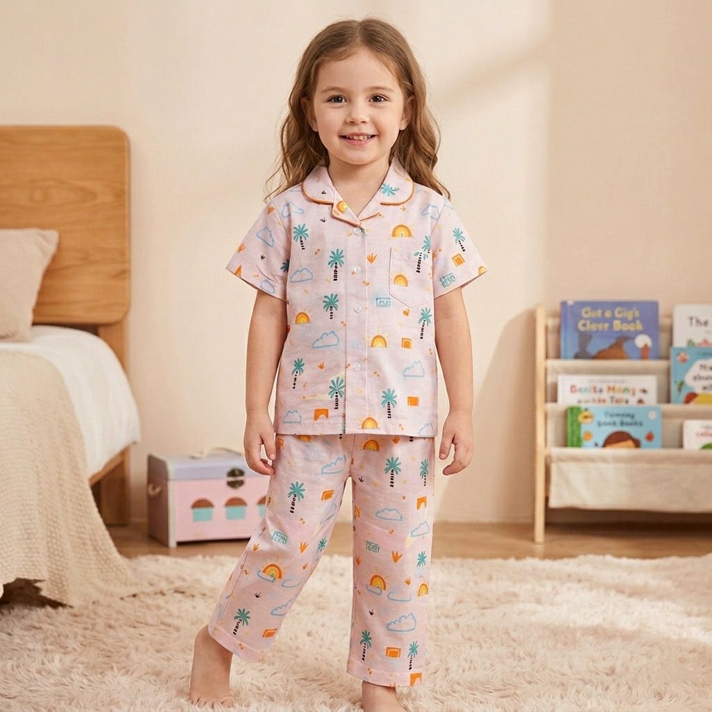 The Magic Wand Cotton Woven Half Sleeves Tropical Theme Shirt And Pyjama Nightsuit Set - Pink
