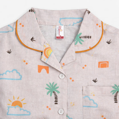 The Magic Wand Cotton Woven Half Sleeves Tropical Theme Shirt And Pyjama Nightsuit Set - Pink