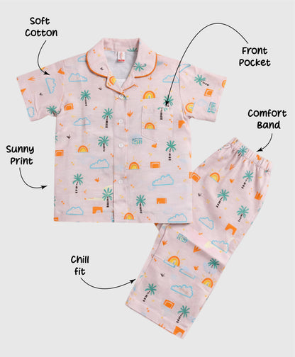 The Magic Wand Cotton Woven Half Sleeves Tropical Theme Shirt And Pyjama Nightsuit Set - Pink