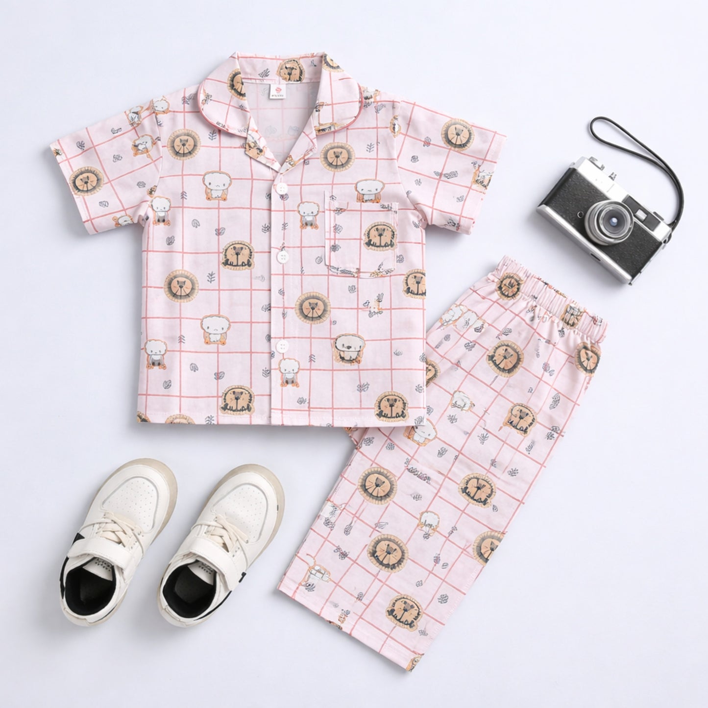 The Magic Wand Cotton Woven Half Sleeves Animal Printed Checkered Shirt And Pyjama Nightsuit Set - Pink