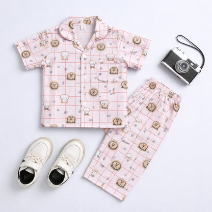 The Magic Wand Cotton Woven Half Sleeves Animal Printed Checkered Shirt And Pyjama Nightsuit Set - Pink