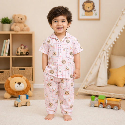 The Magic Wand Cotton Woven Half Sleeves Animal Printed Checkered Shirt And Pyjama Nightsuit Set - Pink