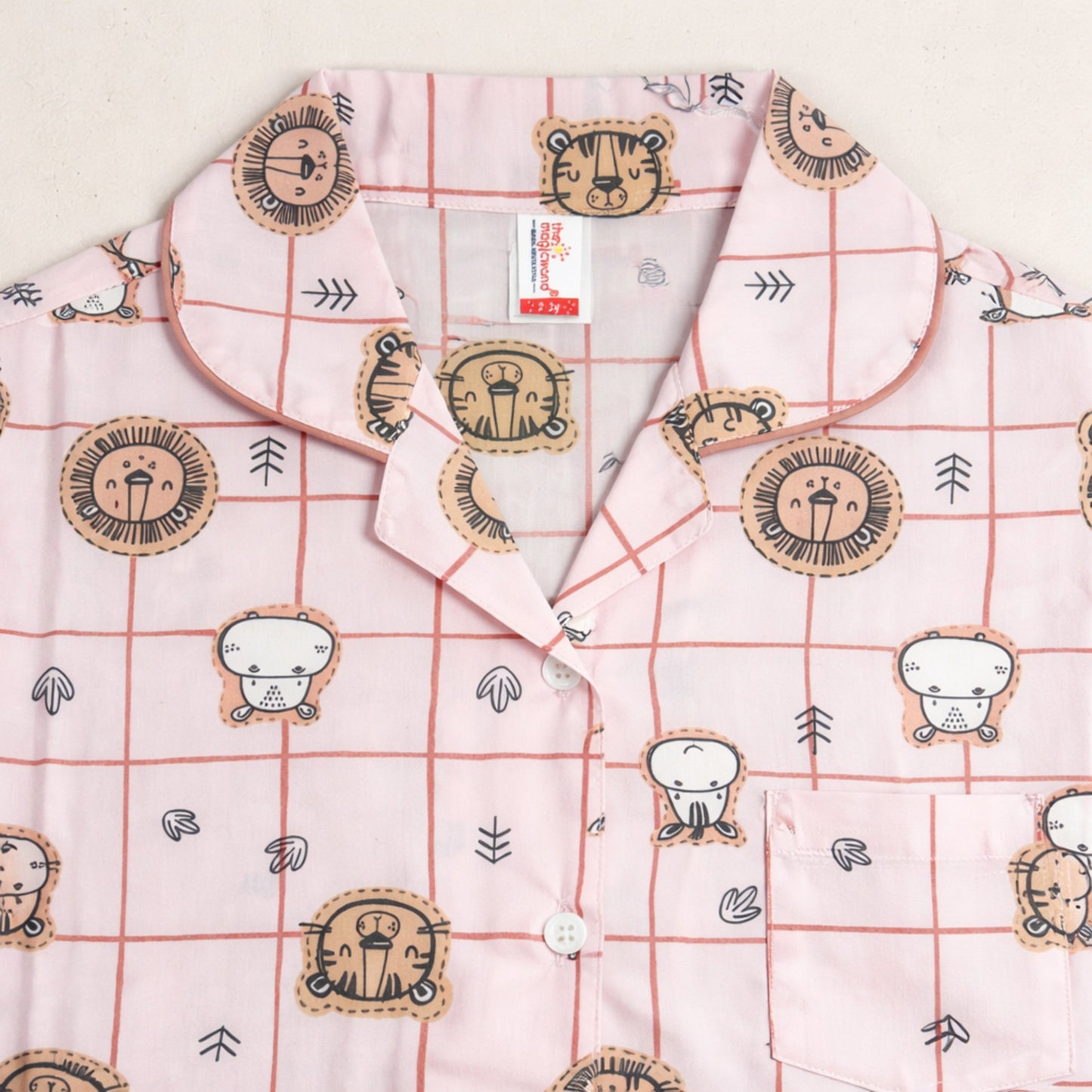 The Magic Wand Cotton Woven Half Sleeves Animal Printed Checkered Shirt And Pyjama Nightsuit Set - Pink