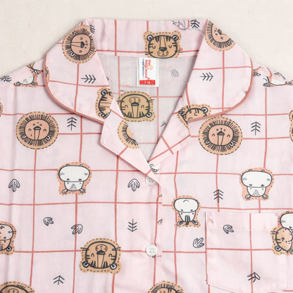 The Magic Wand Cotton Woven Half Sleeves Animal Printed Checkered Shirt And Pyjama Nightsuit Set - Pink