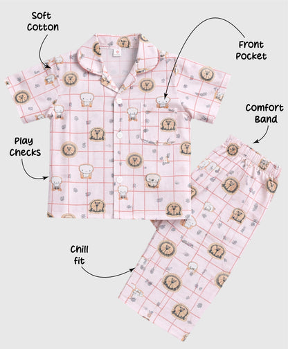 The Magic Wand Cotton Woven Half Sleeves Animal Printed Checkered Shirt And Pyjama Nightsuit Set - Pink