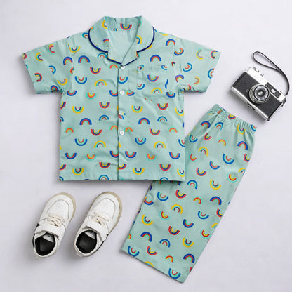 The Magic Wand  Woven Half Sleeves Rainbow Theme Shirt And Pyjama Nightsuit Set - Blue