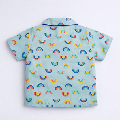 The Magic Wand  Woven Half Sleeves Rainbow Theme Shirt And Pyjama Nightsuit Set - Blue