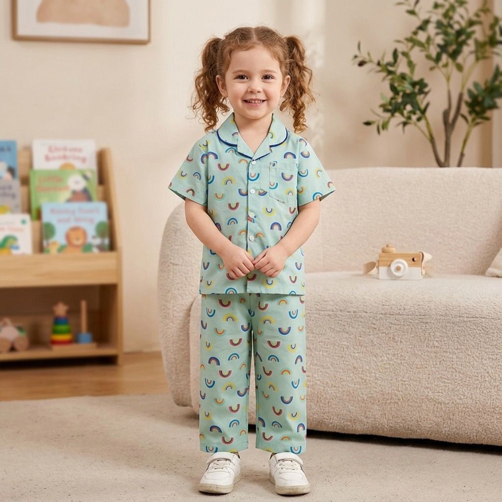 The Magic Wand  Woven Half Sleeves Rainbow Theme Shirt And Pyjama Nightsuit Set - Blue