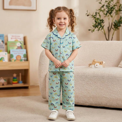 The Magic Wand  Woven Half Sleeves Rainbow Theme Shirt And Pyjama Nightsuit Set - Blue