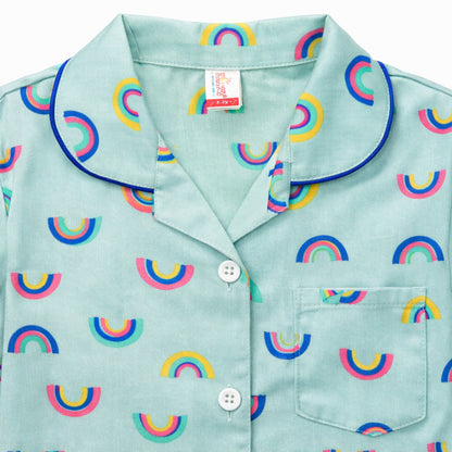 The Magic Wand  Woven Half Sleeves Rainbow Theme Shirt And Pyjama Nightsuit Set - Blue