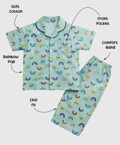 The Magic Wand  Woven Half Sleeves Rainbow Theme Shirt And Pyjama Nightsuit Set - Blue