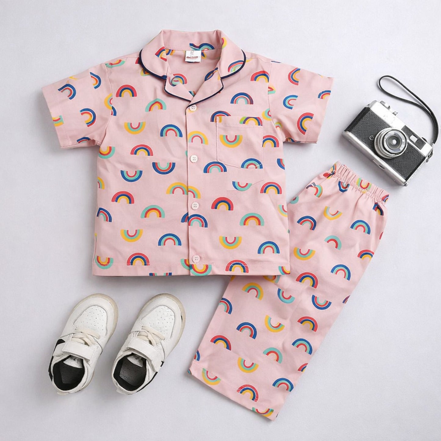 The Magic Wand  Woven Half Sleeves Rainbow Theme Shirt And Pyjama Nightsuit Set - Pink