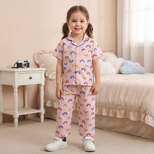 The Magic Wand  Woven Half Sleeves Rainbow Theme Shirt And Pyjama Nightsuit Set - Pink