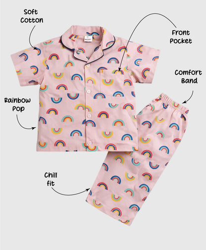 The Magic Wand  Woven Half Sleeves Rainbow Theme Shirt And Pyjama Nightsuit Set - Pink
