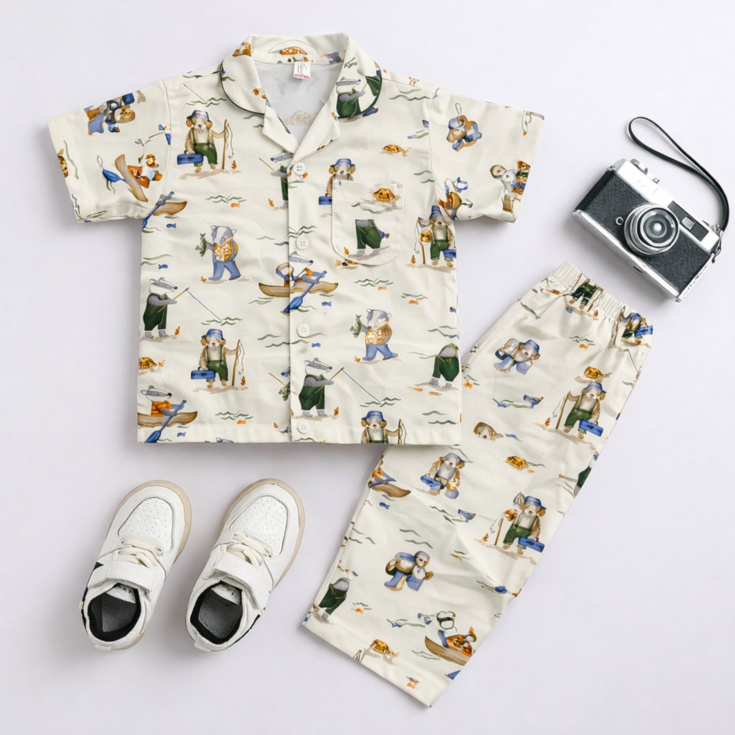 The Magic Wand Cotton Woven Half Sleeves Animal Printed Shirt And Pyjama Nightsuit Set - Off White