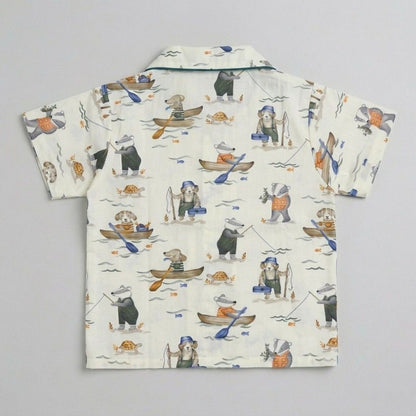 The Magic Wand Cotton Woven Half Sleeves Animal Printed Shirt And Pyjama Nightsuit Set - Off White