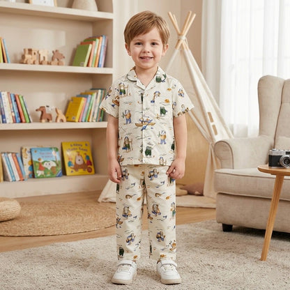 The Magic Wand Cotton Woven Half Sleeves Animal Printed Shirt And Pyjama Nightsuit Set - Off White