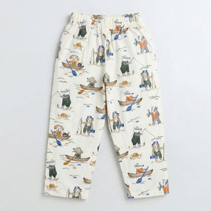 The Magic Wand Cotton Woven Half Sleeves Animal Printed Shirt And Pyjama Nightsuit Set - Off White