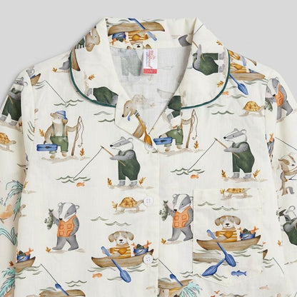The Magic Wand Cotton Woven Half Sleeves Animal Printed Shirt And Pyjama Nightsuit Set - Off White