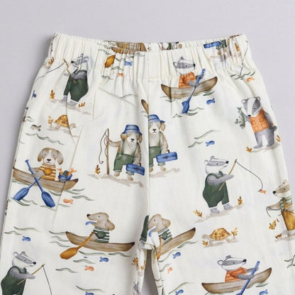 The Magic Wand Cotton Woven Half Sleeves Animal Printed Shirt And Pyjama Nightsuit Set - Off White