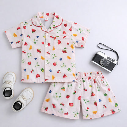 The Magic Wand Cotton Woven Half Sleeves Fruits Printed Shirt And Shorts Nightsuit Set - Pink