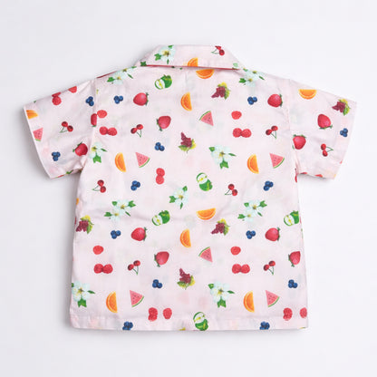 The Magic Wand Cotton Woven Half Sleeves Fruits Printed Shirt And Shorts Nightsuit Set - Pink