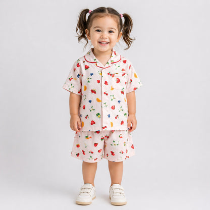 The Magic Wand Cotton Woven Half Sleeves Fruits Printed Shirt And Shorts Nightsuit Set - Pink