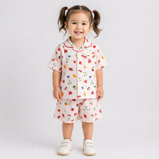 The Magic Wand Cotton Woven Half Sleeves Fruits Printed Shirt And Shorts Nightsuit Set - Pink