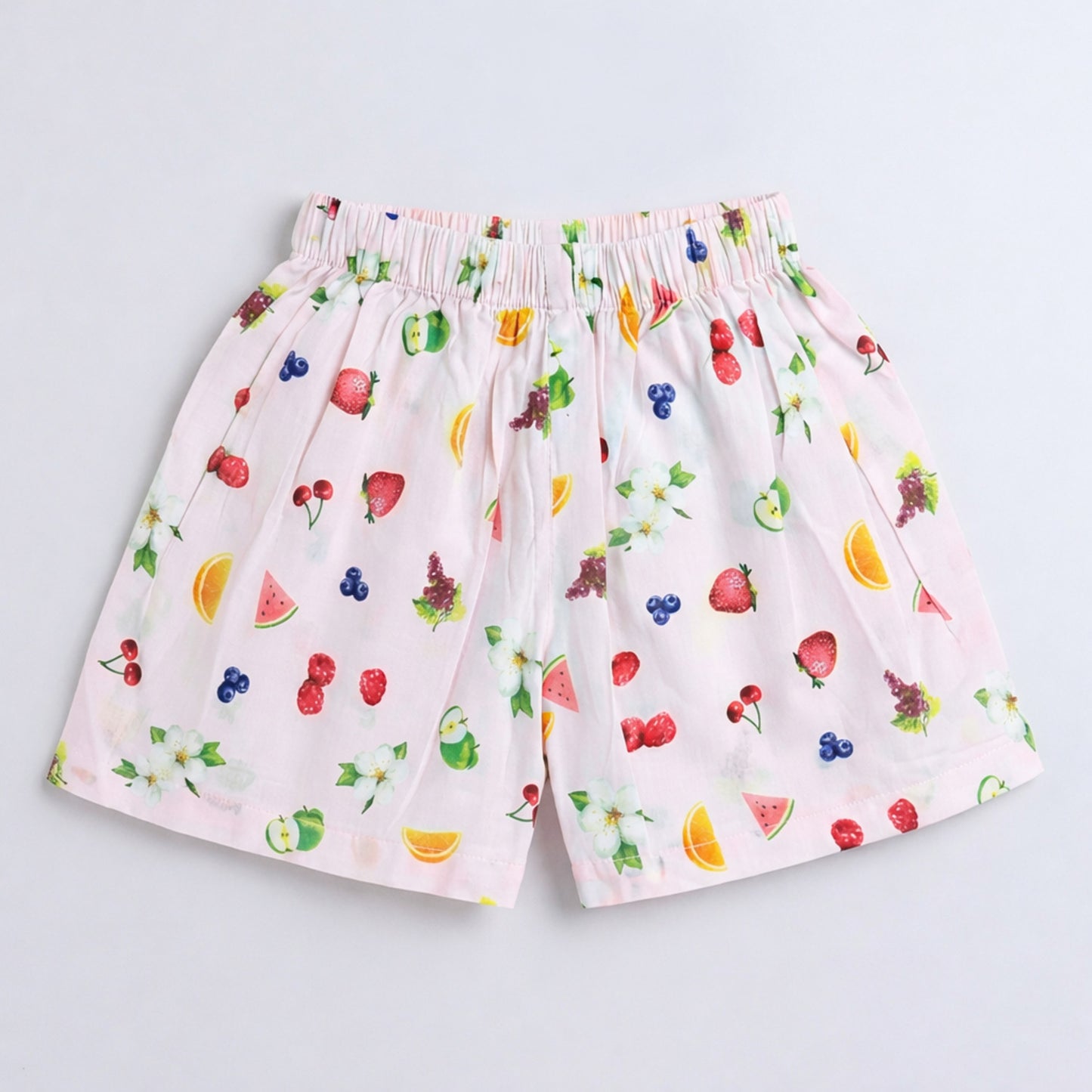 The Magic Wand Cotton Woven Half Sleeves Fruits Printed Shirt And Shorts Nightsuit Set - Pink