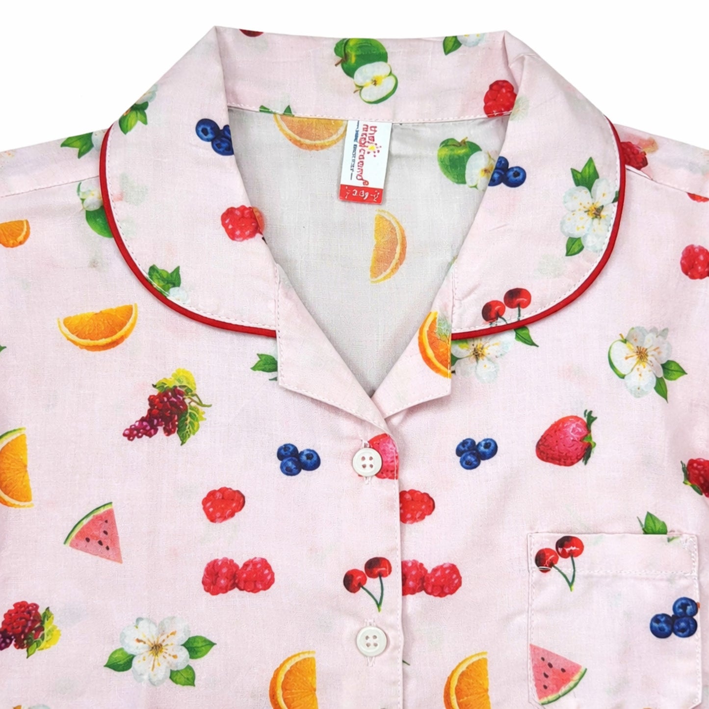 The Magic Wand Cotton Woven Half Sleeves Fruits Printed Shirt And Shorts Nightsuit Set - Pink