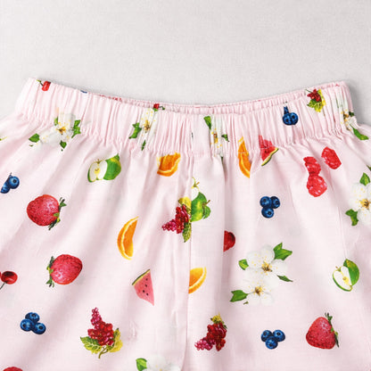 The Magic Wand Cotton Woven Half Sleeves Fruits Printed Shirt And Shorts Nightsuit Set - Pink