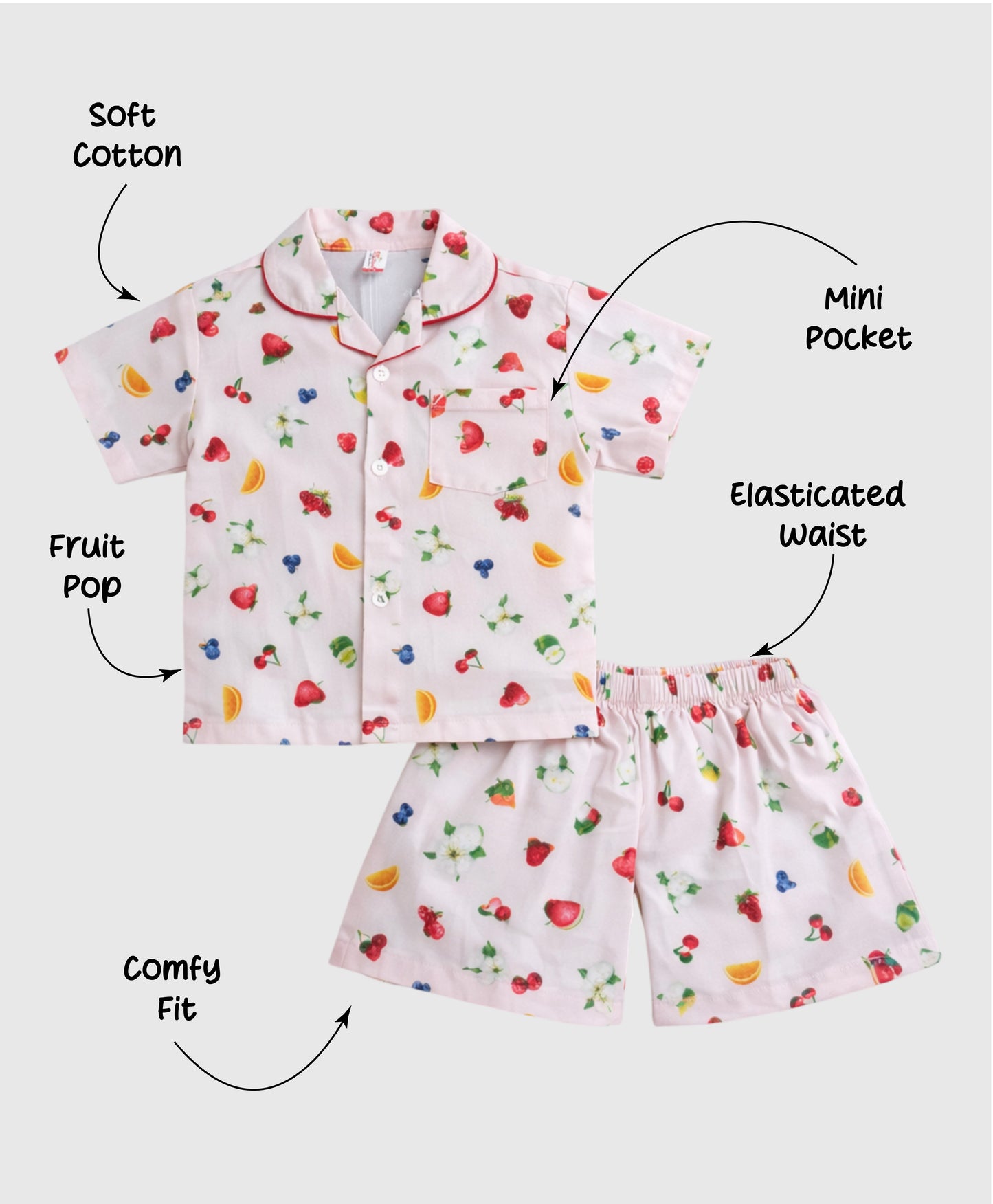The Magic Wand Cotton Woven Half Sleeves Fruits Printed Shirt And Shorts Nightsuit Set - Pink