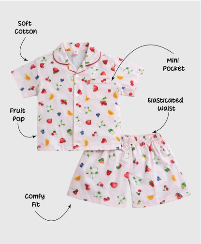 The Magic Wand Cotton Woven Half Sleeves Fruits Printed Shirt And Shorts Nightsuit Set - Pink