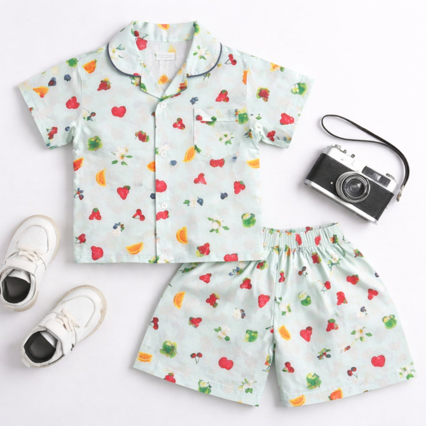 The Magic Wand Cotton Woven Half Sleeves Fruits Printed Shirt And Shorts Nightsuit Set - Blue