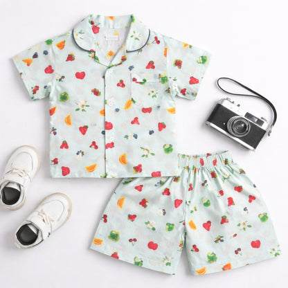 The Magic Wand Cotton Woven Half Sleeves Fruits Printed Shirt And Shorts Nightsuit Set - Blue