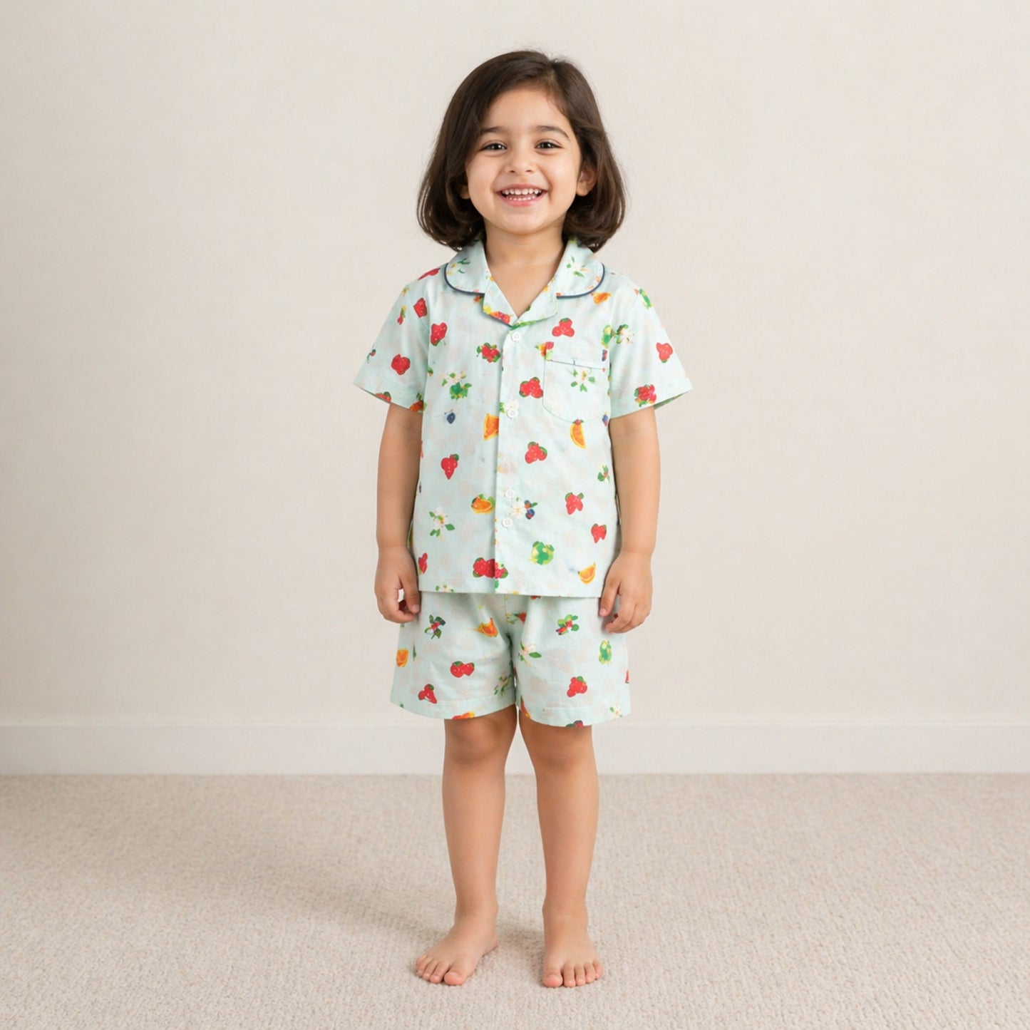 The Magic Wand Cotton Woven Half Sleeves Fruits Printed Shirt And Shorts Nightsuit Set - Blue