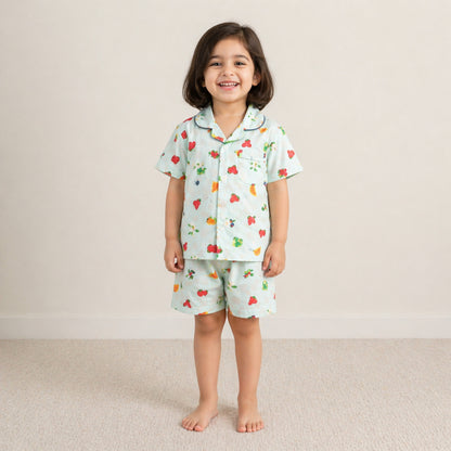 The Magic Wand Cotton Woven Half Sleeves Fruits Printed Shirt And Shorts Nightsuit Set - Blue