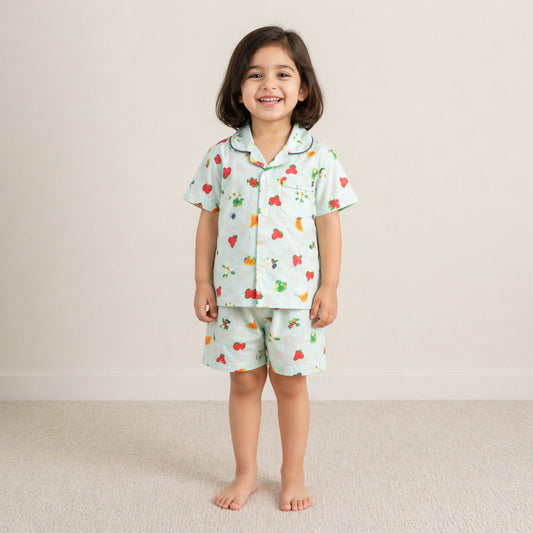 The Magic Wand Cotton Woven Half Sleeves Fruits Printed Shirt And Shorts Nightsuit Set - Blue