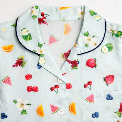 The Magic Wand Cotton Woven Half Sleeves Fruits Printed Shirt And Shorts Nightsuit Set - Blue