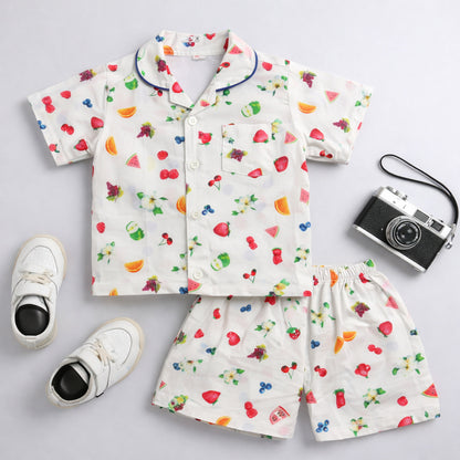 The Magic Wand Cotton Woven Half Sleeves Fruits Printed Shirt And Shorts Nightsuit Set - White