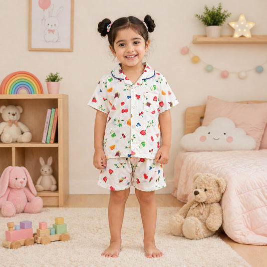 The Magic Wand Cotton Woven Half Sleeves Fruits Printed Shirt And Shorts Nightsuit Set - White