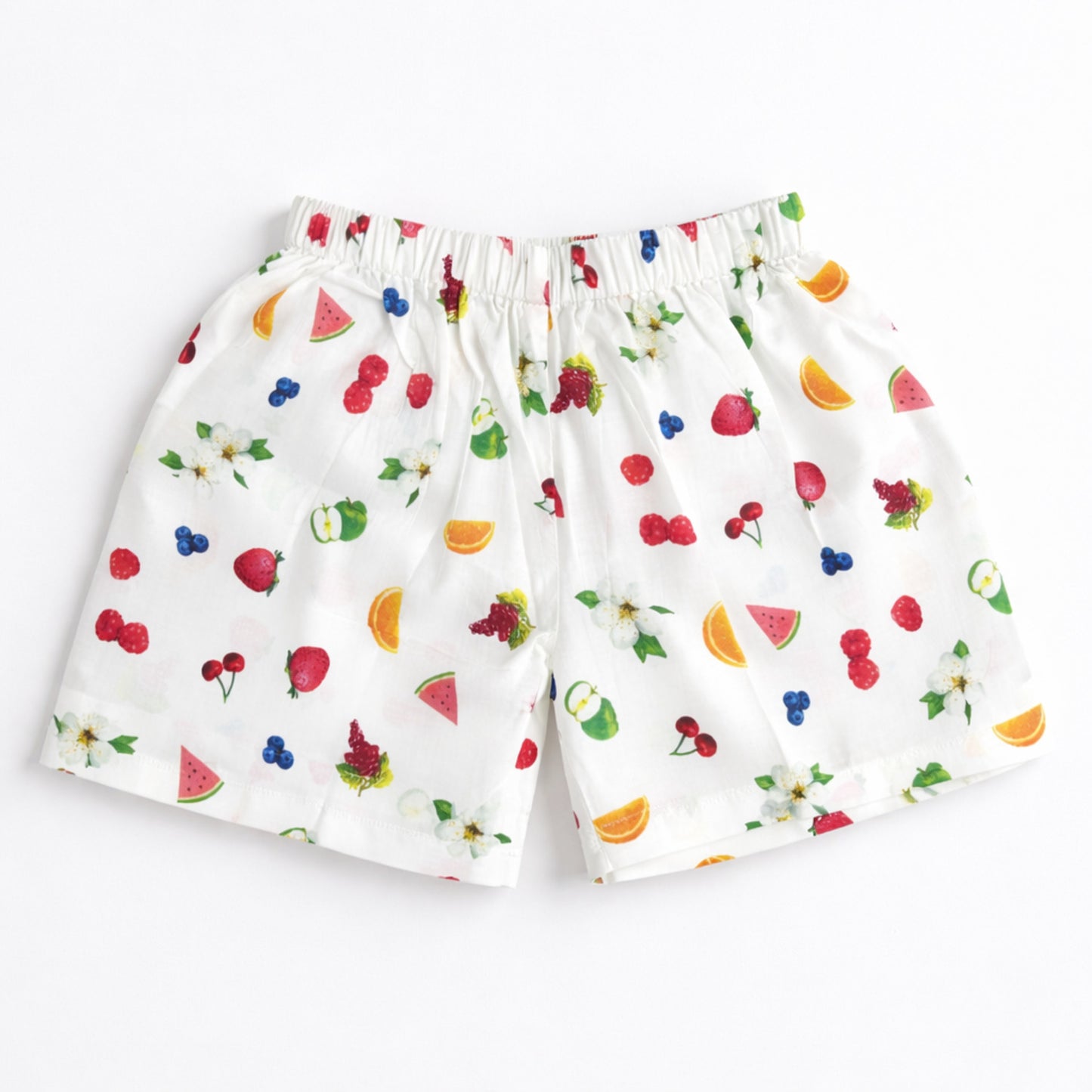 The Magic Wand Cotton Woven Half Sleeves Fruits Printed Shirt And Shorts Nightsuit Set - White