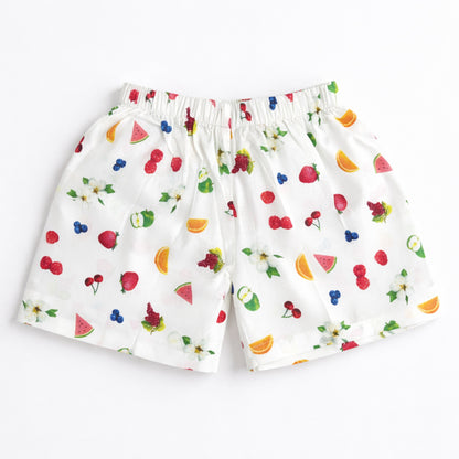 The Magic Wand Cotton Woven Half Sleeves Fruits Printed Shirt And Shorts Nightsuit Set - White