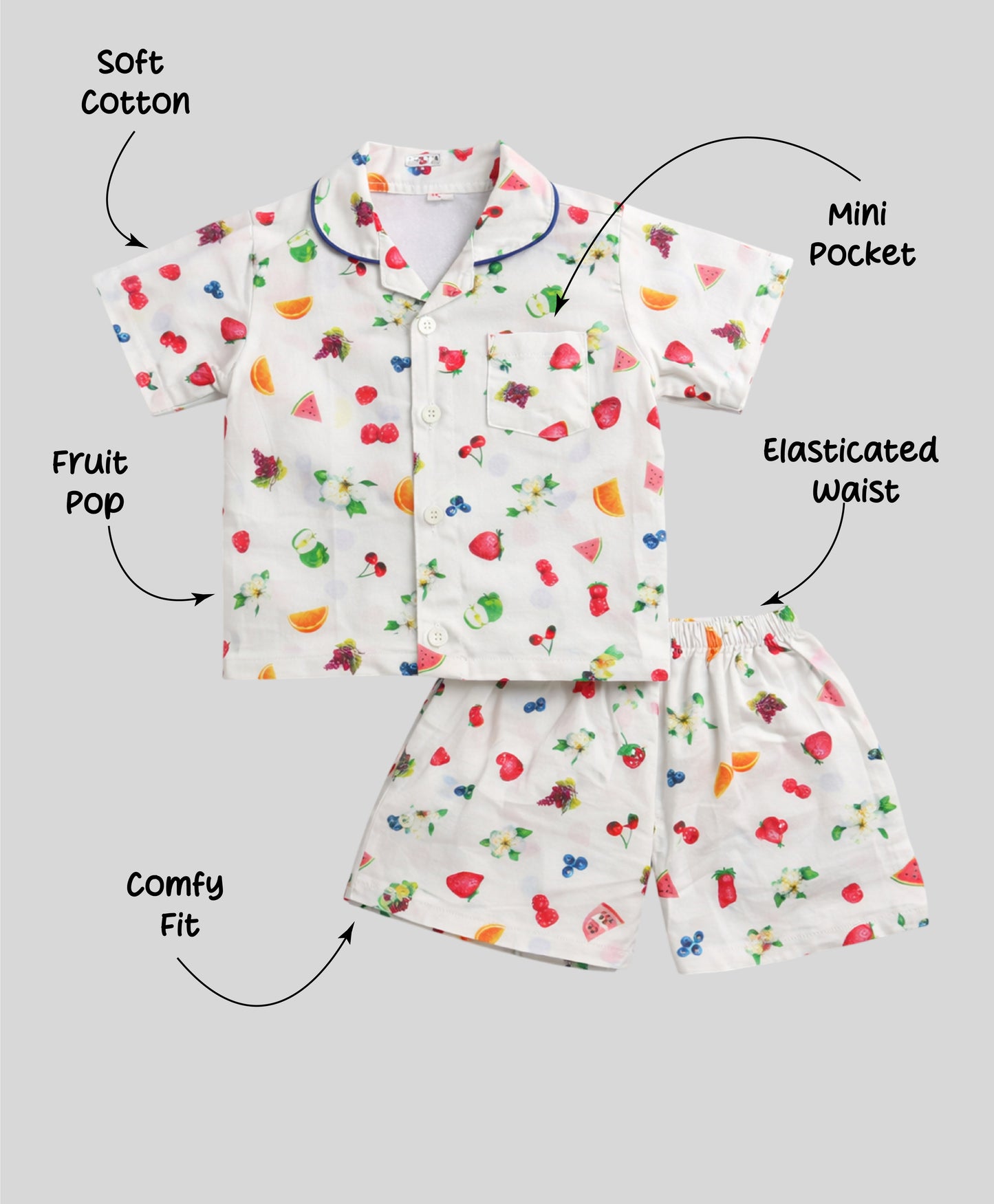 The Magic Wand Cotton Woven Half Sleeves Fruits Printed Shirt And Shorts Nightsuit Set - White