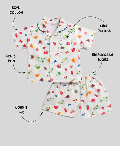 The Magic Wand Cotton Woven Half Sleeves Fruits Printed Shirt And Shorts Nightsuit Set - White