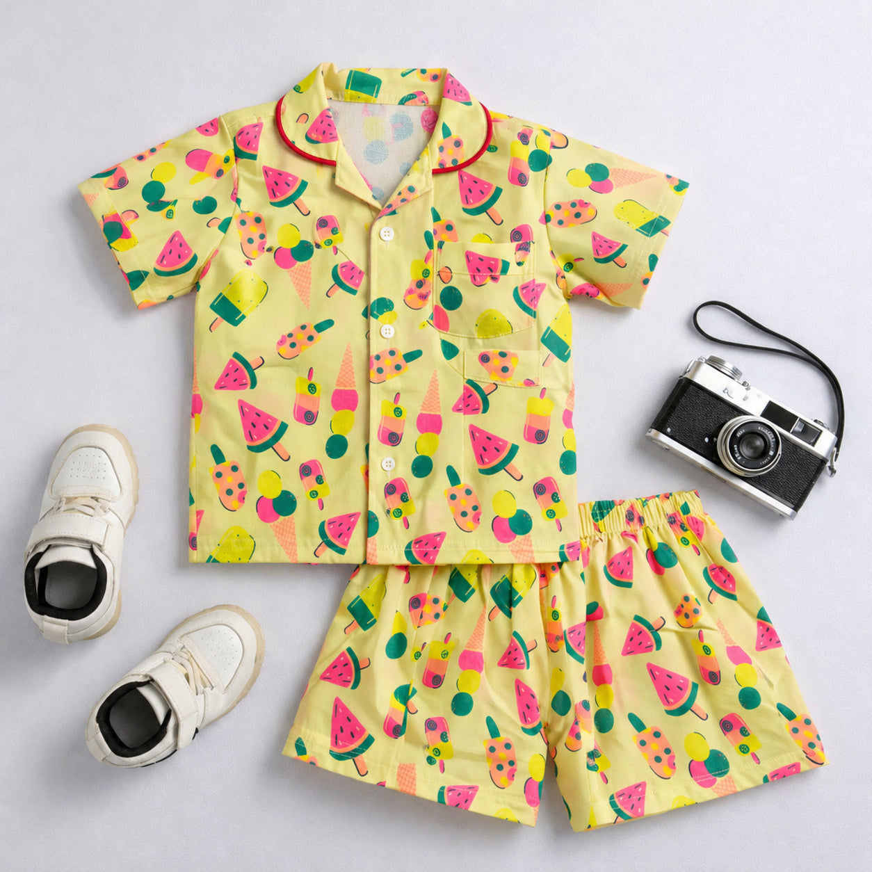 The Magic Wand Cotton Woven Half Sleeves Sweet Treats Theme Shirt And Shorts Nightsuit Set - Yellow